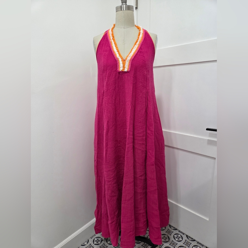 Magaschoni Organic Cotton Gauze Pom Pom Fringe Trim Boho Maxi Dress Size S